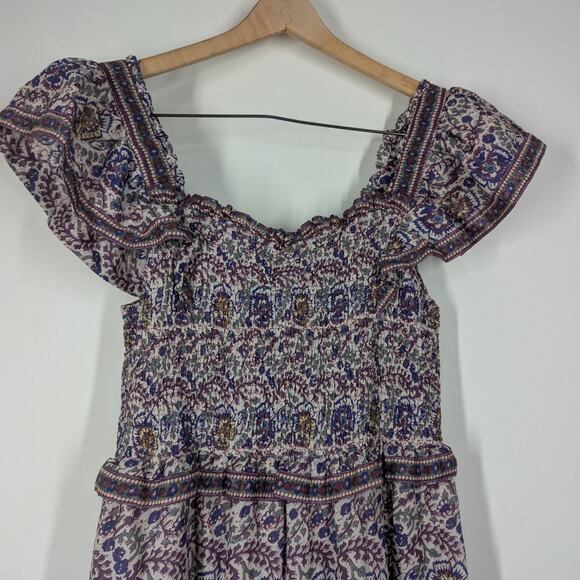 Sea Rosita Border Smocked Mini Dress Ruffled Purple Floral Size Large Preowned - Picture 5 of 12